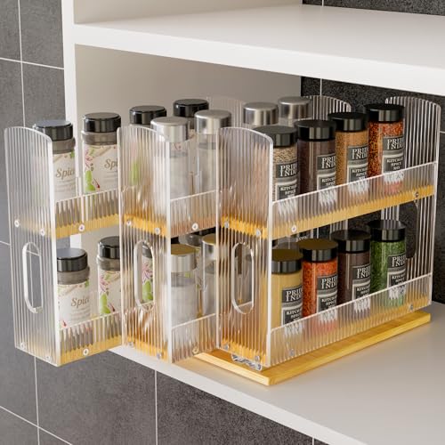 NiHome Bamboo Pull-Out Spice Rack Organizer for Cabinet, 3-Drawer Vertical Slide Out Seasoning Rack Storage Shelf for Kitchen Pantry, Bamboo Frame with Wave-Pattern Acrylic Divider (8.5” Wide, 2-Tier)
