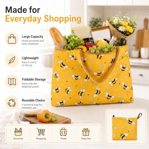 Reusable Shopping Bag, 16 x 16 inch Large Foldable Grocery Hand Tote, Shoulder Waterproof Portable Pocket - color: Yellow Bee