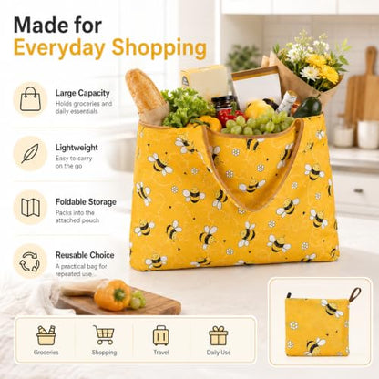 Reusable Shopping Bag, 16 x 16 inch Large Foldable Grocery Hand Tote, Shoulder Waterproof Portable Pocket - color: Yellow Bee