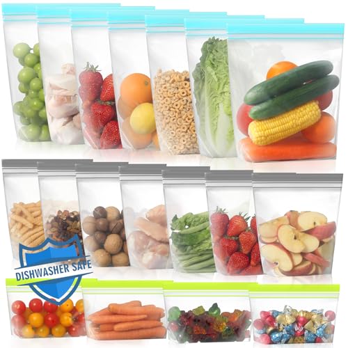 Lerine 18 Pack Stand Up Reusable Freezer Bags, Dishwasher Microwave Safe - color: Multicolor, size: 18 Pack - 7 Gallon, 7 Sandwich, 4 Snack Bags