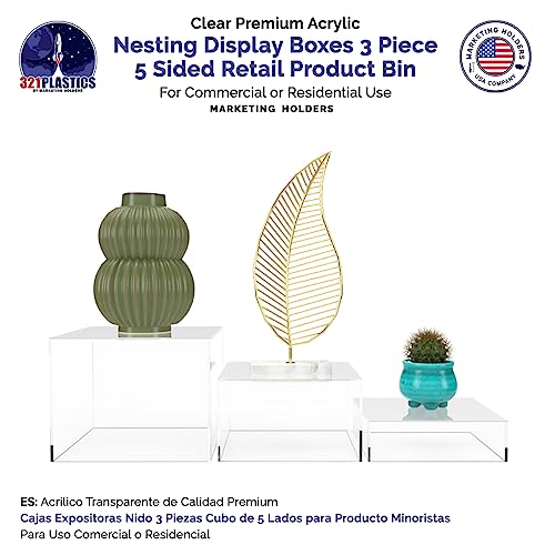 Marketing Holders 3 Piece Acrylic Display Riser Boxes Clear Retail Product Riser with Hollow Bottom No Lid 2", 4", 6" High Nesting Bins One Open Side Merchandise Storage Box - size: Set of 3 Clear