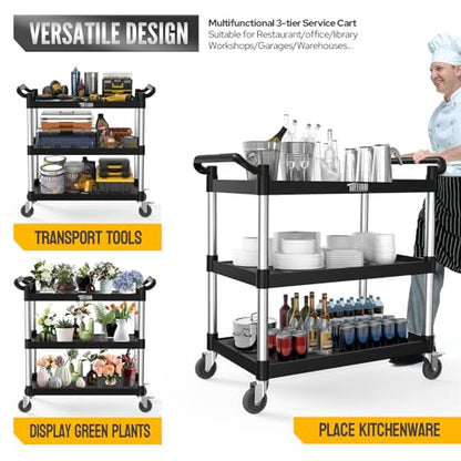 TUFFIOM Plastic Service Utility Cart with Wheels,Heavy Duty 450lbs Capacity, 3-Tier Commercial Rolling, Ideal for Restaurant, Foodservice, Office, Warehouse, Black 39.8''L x 19.1''W x 38.4''H - size: Black 39.8''L x 19.1''W x 38.4''H