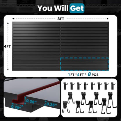 4x8 FT Slat Wall Paneling Wall Storage Systems with 16 Hooks (Black) - color: Black, size: 4x8 FT