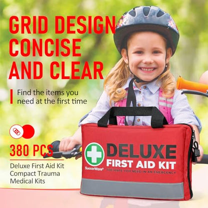 SuccorWare 380 Pieces Deluxe First Aid Kit Compact Trauma Medical Kits with Assorted Bandages, Instant Cold Pack, Emergency Blanket for Home, Travel, Camping, Vehicle, Emergency Kits(Red)