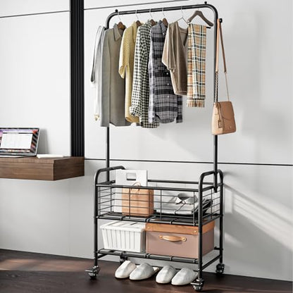 SUOERNUO Laundry Cart with Basket Hanging Rack Sorter with Wheels Shelf - color: Black