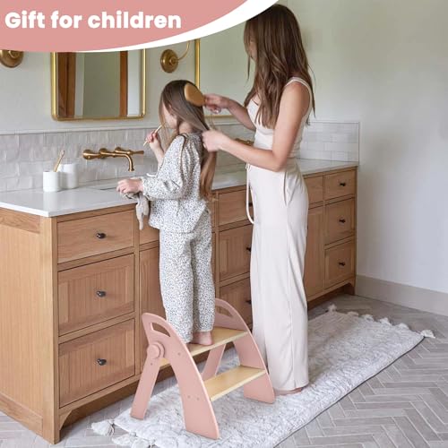 Wooden 2 Step Stool for Toddlers, Foldable 2-Step with Non-Slip Pads and Handles, Bamboo Step Stool for Kids Bathroom Sink and Potty Training, Kitchen Helper, Nursery Bedroom (Pink) - color: Pink