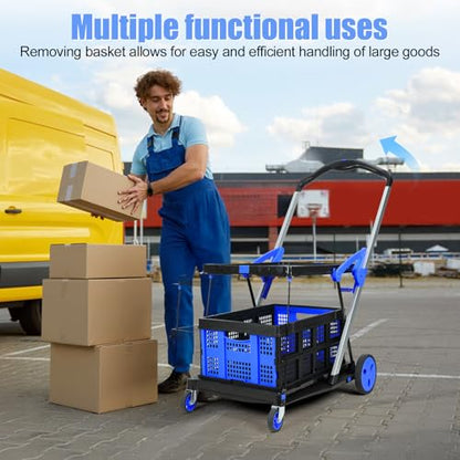 Foldable Shopping Cart, Heavy Duty Collapsible Cart with Wheels, 198 lbs Capacity, Compact Fold to 4.33", Aluminum Frame & Removable PP Wheels, Includes 2 Storage Boxes (Blue)