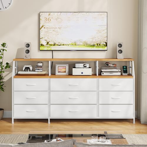 Homkdom White Dresser for Bedroom with 9 Fabric Drawers & Display Top Shelf - color: White