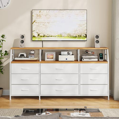 Homkdom White Dresser for Bedroom with 9 Fabric Drawers & Display Top Shelf - color: White