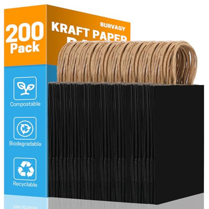 BURVAGY 200P Black Small Paper Gift Bags with Handles Bulk Kraft Paper Bags - color: C-Black-200P