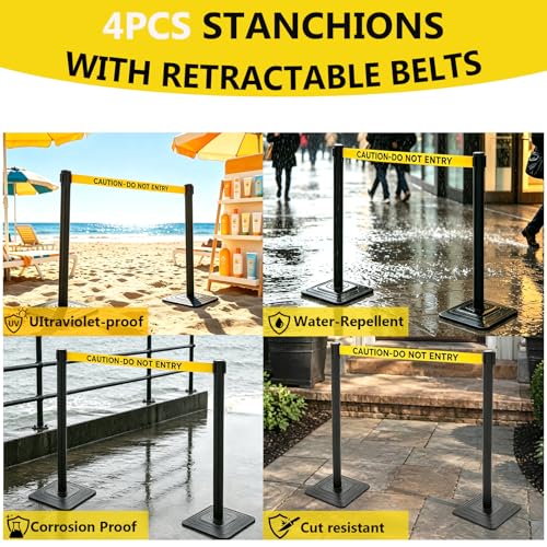 4 Pack Crowd Control Stanchions with Retractable Belts, 10FT Yellow Belt - color: CAUTION-DO NOT ENTER BELT