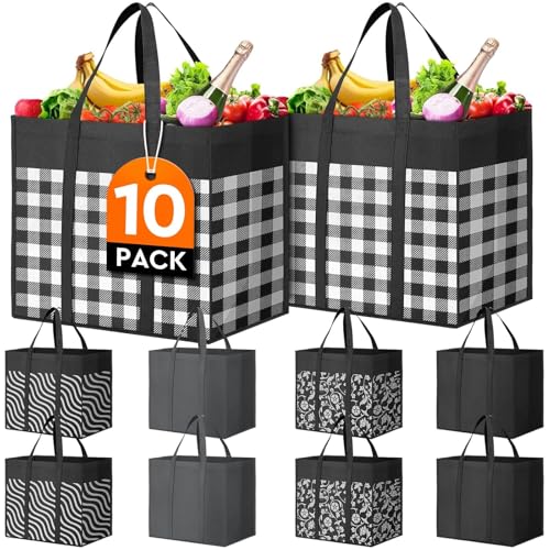 Reusable Grocery Shopping Bags 10 Pack Large Foldable Tote Bags Bulk - color: Plaid: Black,grey