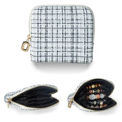 Travel Jewelry Case, Tweed Pouch Bags with Zipper, Black White - color: WOVEN-BlackWhite