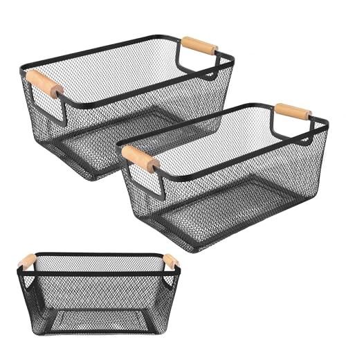 2 Pack 12" Wide Metal Mesh Baskets with Bamboo Handles for Pantry Organization | Wire Storage Bins for Kitchen, Cabinet, Fruit & Snacks | Decorative Farmhouse Style Organizer - color: BLACK