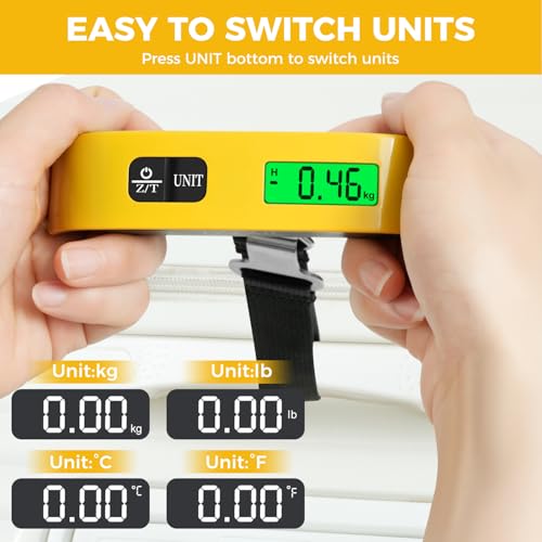 BAGAIL Digital Luggage Scale, 110lbs Hanging Baggage Scale with Backlit LCD Display, Portable Suitcase Weighing Scale, Travel Luggage Weight Scale with Hook, Strong Straps for Travelers - color: Yellow