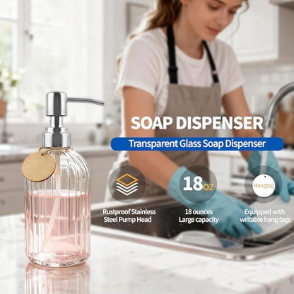 40 Pack Soap Dispenser Set with Stainless Steel Pump, Clear Glass Pump Dispenser, 18 Oz Refillable Empty Bottles for Hand Soap, Dish Soap, Shampoo&Conditioner, Kitchen Sink and Bathroom Decor.