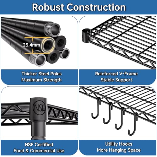 Heavy Duty Garage Shelving with Wheels: 55.5" W x 24" D x 81" H 4 Tier Wire Metal Storage Shelves, Adjustable NSF Commercial Shelf, Rolling Tote Rack Organizer for Pantry, Warehouse, Black - size: 55.5"W x 24"D x 81"H