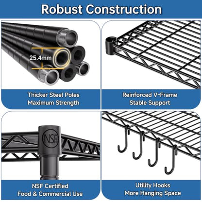 Heavy Duty Garage Shelving with Wheels: 55.5" W x 24" D x 81" H 4 Tier Wire Metal Storage Shelves, Adjustable NSF Commercial Shelf, Rolling Tote Rack Organizer for Pantry, Warehouse, Black - size: 55.5"W x 24"D x 81"H