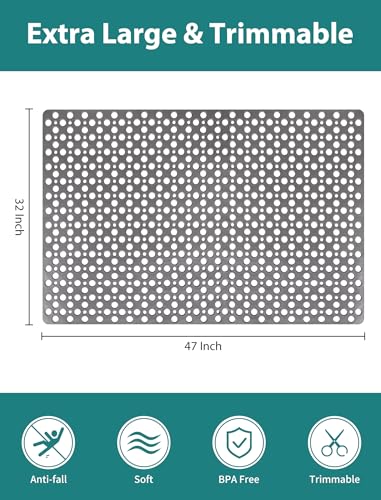 Extra Large Shower Mat, Yonala 47 x 32 Inch Non Slip Shower Mats for Inside Shower, Soft TPE Shower Floor Mat with Suction Cups and Drain Holes, Machine Washable Bathroom Shower Mat, Easy to Clean - color: Gray
