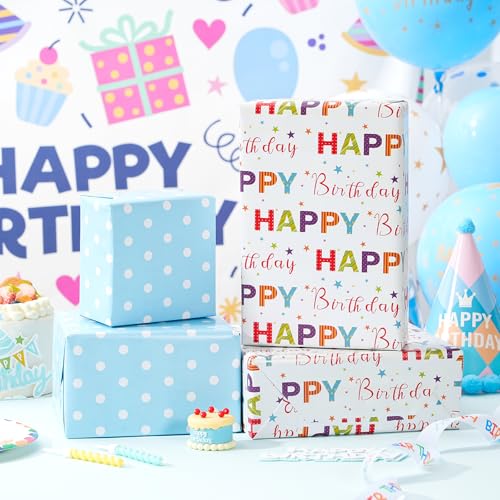 Ulmasinn Reversible Birthday Wrapping Paper Roll - 17” x 16.4 Ft, Double Sided Happy Birthday & Blue Polka Dots for Boys Girls Kids Party - color: Happy Birthday & Blue