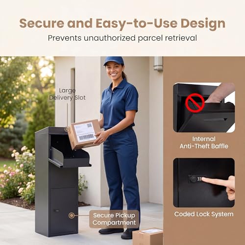 COSTWAY Outdoor Package Delivery Box, 44" Galvanized Steel Parcel Mailbox - size: 14" x 12" x 44"