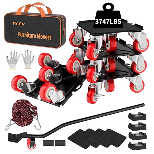 MYUEA Furniture Dolly,Furniture Movers with 5 Wheels,Carbon Steel Panel Heavy Duty Dolly,Maximum Load 3747 LBS,Furniture Lifter with 5 360° Rotatable Rubber Universal Wheels(Black,8.26x7.87 in) - color: Black, size: 8.26x7.87 IN