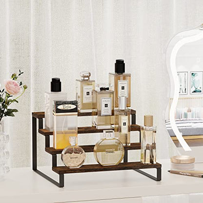 YINMIT Wooden Display Riser Stand, Tiered Perfume and Cologne Organizer Stand, 4 Tier Spice Rack Organizer, Rustic Display Shelf for Candles (4 Tier) - color: 4 Tier,1 Pack,Brown