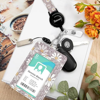 bolimoss Daisy ID Badge Holder with Adjustable Lanyard,Retractable ID Badge Card Holders Detachable Neck Lanyard Strap with Badge Reel and Leather ID Holder for Nurse Students Teachers Office Staff - color: Daisy Purple Pattern