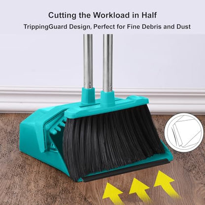 Broom and Dustpan Set for Home, 51" Long Handle Standing Dustpan Blue - color: Blue