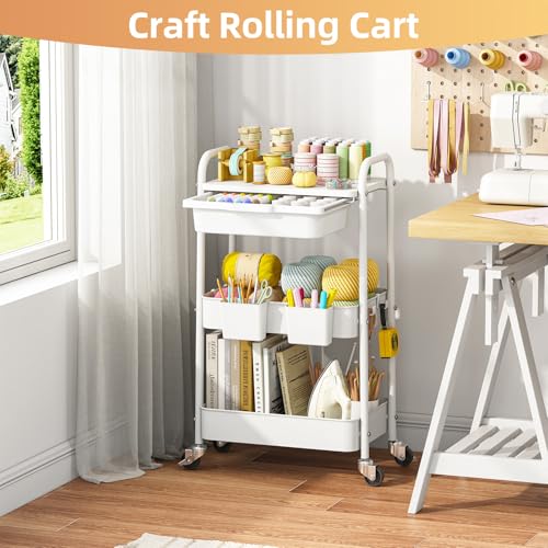 KINGRACK 3 Tier Metal Rolling Cart with Drawer, White Utility Storage Cart - color: White