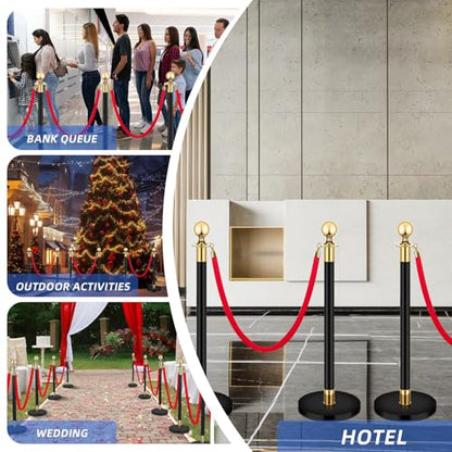 4Pcs Black Gold Stainless Steel Stanchion Post Queue, 96CM Height Crowd Control Barriers with 2Pcs 5FT Red Velvet Rope for Crowd Control, Museums, Party Supplies