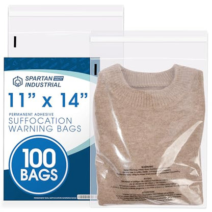 11” X 14” (100 Count) Self Seal Clear Poly Bags with Suffocation Warning - size: 11" X 14"