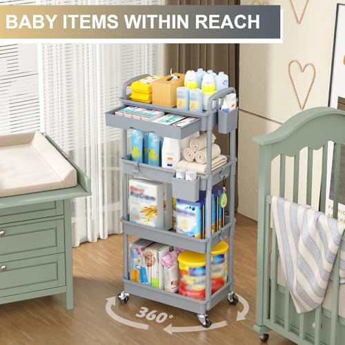 Goovilla 4 Tier Rolling Utility Cart Organizer with Removable Drawer, Grey - size: 4 Tier, style: Gray