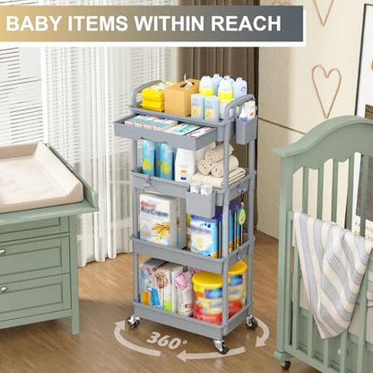 Goovilla 4 Tier Rolling Utility Cart Organizer with Removable Drawer, Grey - size: 4 Tier, style: Gray