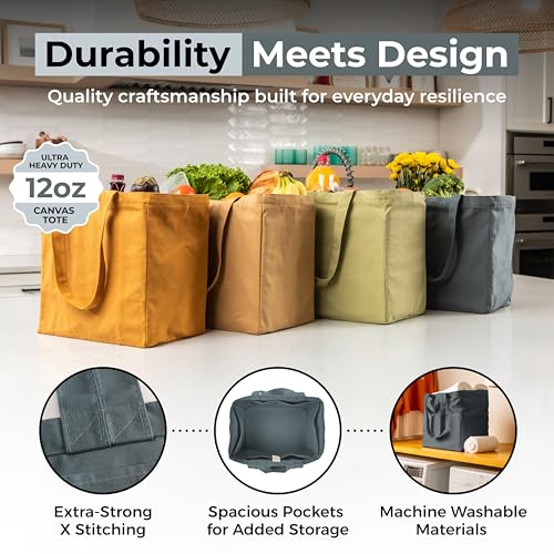 VeraMia Canvas Grocery Bag 3pc XL Set with Real Pockets, Long Shoulder Strap and Short Handle. Heavy Duty, Foldable, Washable - color: Caribbean