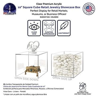 4 Pack 10" Acrylic Display Riser Box with One Open Side No Lid Versatile Clear Square Retail Merchandise Storage Bin or Product Platform No Assembly by Marketing Holders