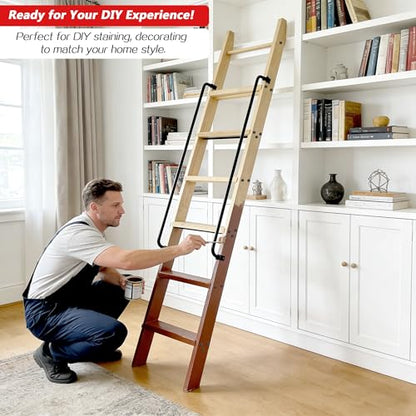120" Solid Wood Sliding Library Ladder,10 Step Wooden Ladder with Handrails - size: Height 120"