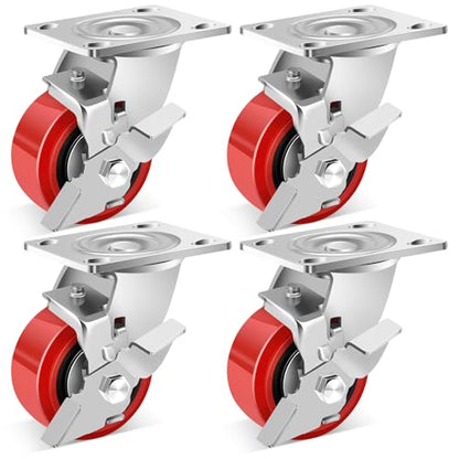 Nefish 4 Inch Heavy Duty Casters Wheels, Industrial Grade Polyurethane Casters Set of 4 with Dual Ball Bearing, Solid Polyurethane Wheel 2500 Lb, Plate Swivel Casters for Cart, Industrial, Machine - style: 4 IN (4 Brakes)