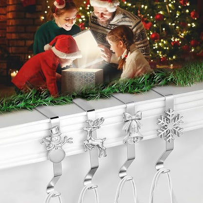 Christmas Stocking Holders for Mantle, Reusable No-Damage Hooks with Fireplace Grip Stand, Xmas Decoration Set for Hanging Stockings on Shelves, Mantel Clips for Holiday Party Home Decor Silver