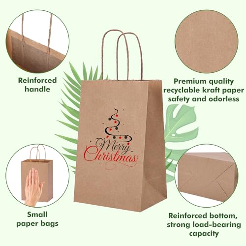OUTUXED 100pcs Small Brown Paper Bags with Handles, Kraft Paper Gift Bags - color: Brown 5.25x3.2x8in, size: 1 Count (Pack of 100)
