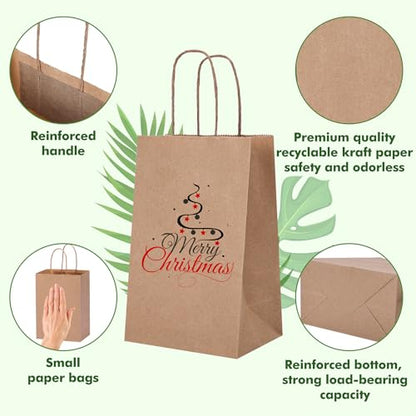 OUTUXED 100pcs Small Brown Paper Bags with Handles, Kraft Paper Gift Bags - color: Brown 5.25x3.2x8in, size: 1 Count (Pack of 100)
