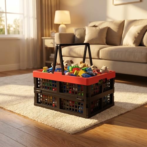 2-Pack Foldable Crates with Handles, 15L Plastic Collapsible Baskets