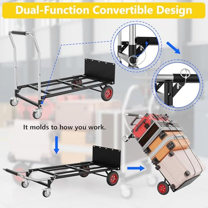 Hand Truck Dolly Heavy Duty, 2 in 1 Convertible Hand Truck and Dolly with 10" Flat-Free Wheels & Brakes, 600LBS Capacity, Includes Elastic Straps for Moving, Warehouse, Garden, Office Use, Black