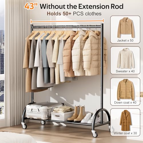 MISSLO Heavy Duty Clothing Rack with Wheels Rolling Clothes Racks for Hanging Clothes, Coats, Garment, Dress, Black - color: Black, size: 43"W x 14.8"D x 66"H (Large)