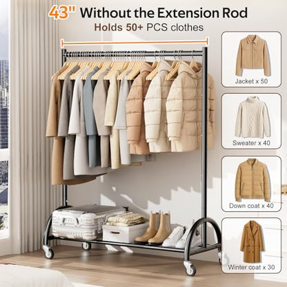 MISSLO Heavy Duty Clothing Rack with Wheels Rolling Clothes Racks for Hanging Clothes, Coats, Garment, Dress, Black - color: Black, size: 43"W x 14.8"D x 66"H (Large)