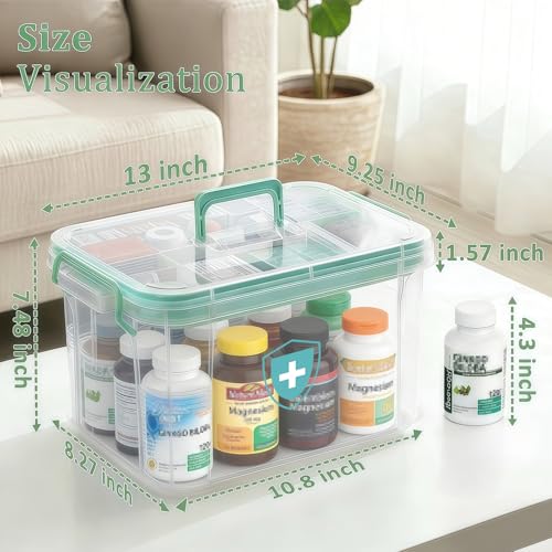 15QT Medicine Storage Box - Portable Medicine Cabinet Organizer with Handle - color: Green