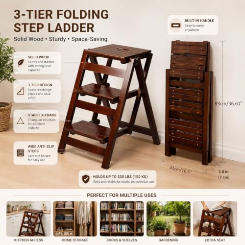 3-Step Wooden Folding Step Stool – Solid Pine Frame, Non-Slip Steps, Anti-Scratch Base, 337lb Capacity – No Assembly Required, Space-Saving for Kitchen & Home – Walnut (Dark Walnut) - color: Dark Walnut