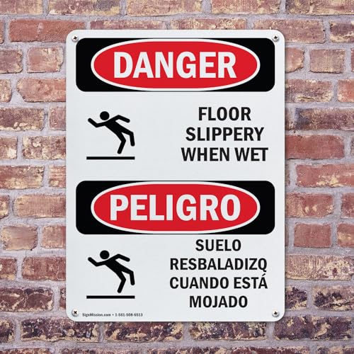 (2 Pack) Floor Slippery When Wet Bilingual OSHA Danger Sign 7 Inch X 10 Inch Plastic Sign, Weather Resistant, UV Protected for Workplace, Business, and Construction Site, Made in the USA