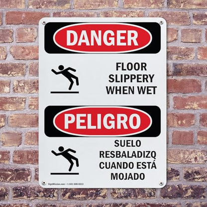 (2 Pack) Floor Slippery When Wet Bilingual OSHA Danger Sign 7 Inch X 10 Inch Plastic Sign, Weather Resistant, UV Protected for Workplace, Business, and Construction Site, Made in the USA