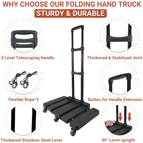 600lbs Folding Hand Truck, Portable Heavy Duty Dolly Cart with 6 Wheels & 2 Elastic Ropes, Light Weight Utility Dolly Platform Cart, Collapsible Dolly for Luggage, Travel, Moving, Shopping Use - style: 600 lbs, 6 Wheels